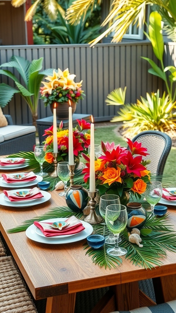 Festive Christmas Table Decorations for Australia A festive Australian Christmas table setting with flowers, candles, and colorful tableware in a backyard.